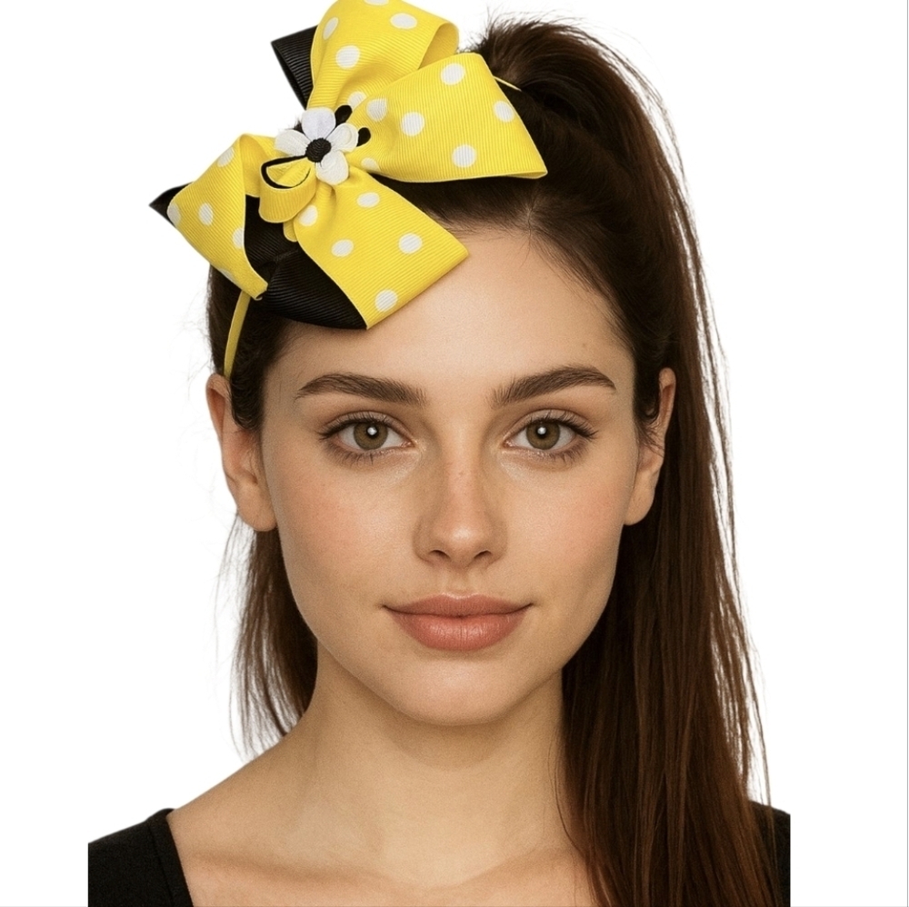 Hand Crafted Handmade Bow Hairband Yellow white polka-dot black contrast ribbon